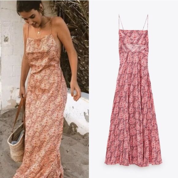 ZARA DIVINE PRINT MIDI OPEN BACK DRESS bloggers favorite NWT size M - Picture 1 of 16